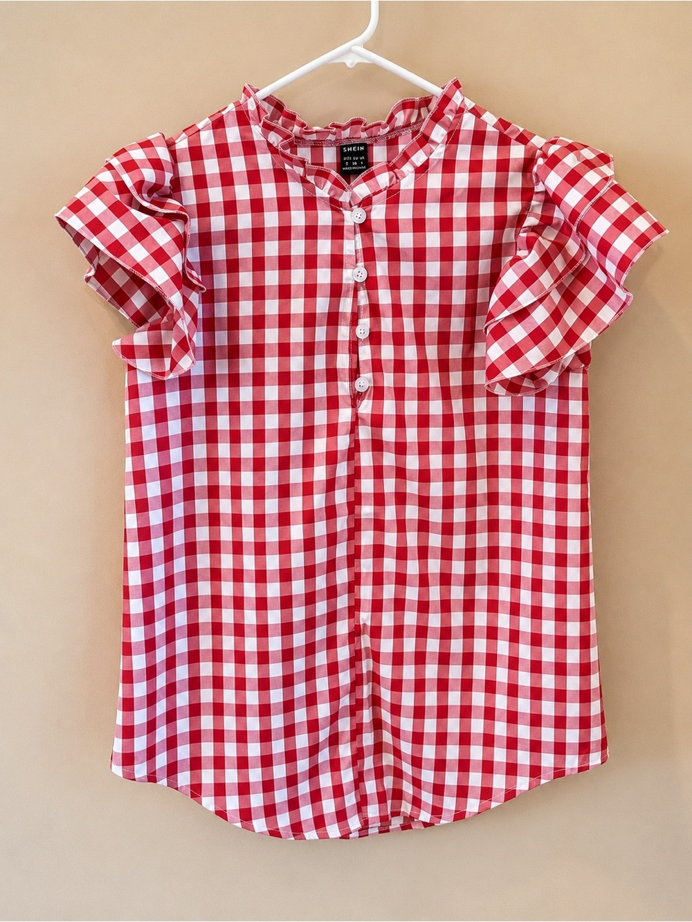SHEIN Red & White Gingham Ruffle Sleeve Half Button-Front Top Size Small